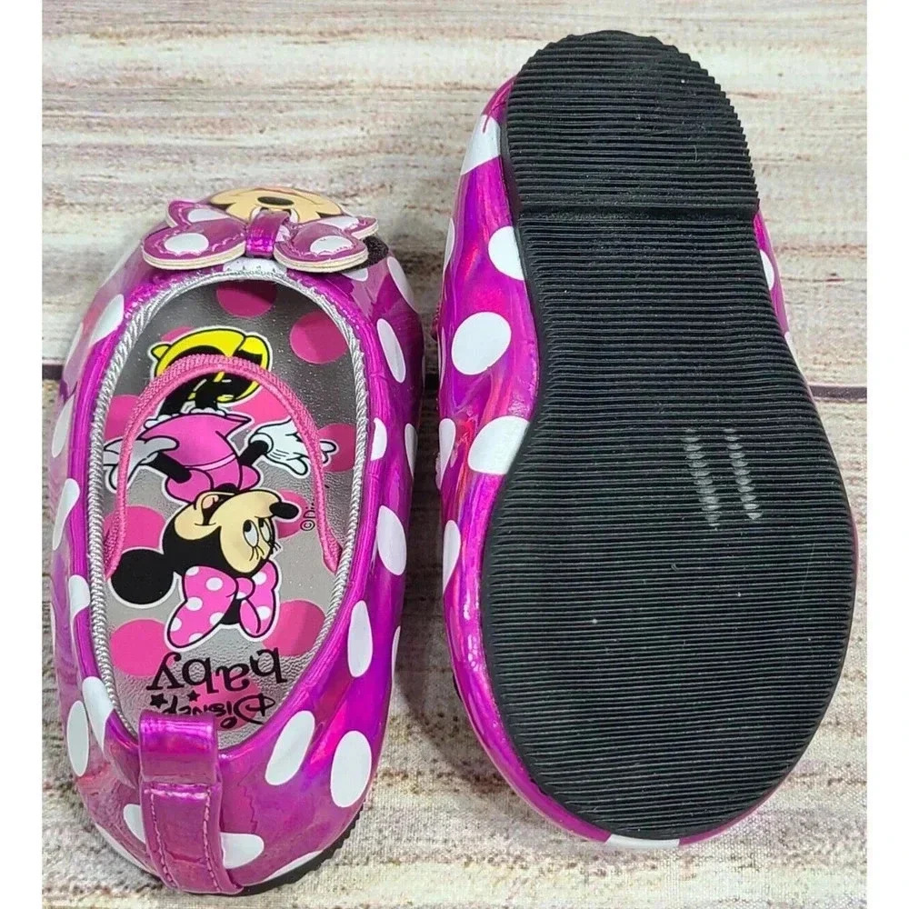 Disney Baby Minnie Mouse Mary Jane Flats Baby Size 4 Pink White Polka Dots Bows - Picture 6 of 7